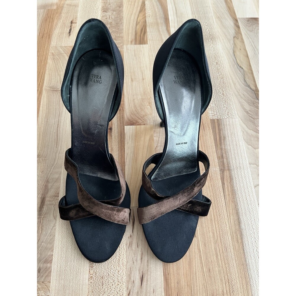 Vera Wang Black Satin Brown Velvet Heels Pumps Open Toe EU 38.5, US 8